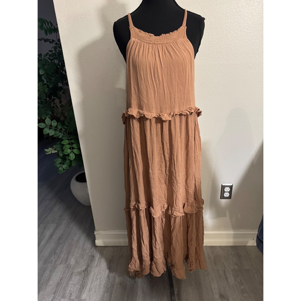 Listicle Women Terracotta Brown Tiered Maxi Dress Smocked Back Tie Boho Medium